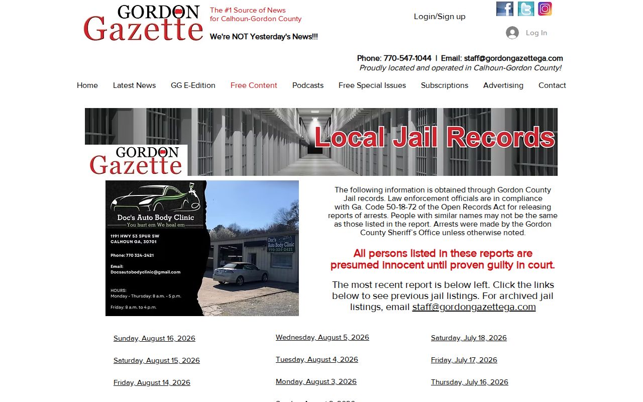 Gordon County local daily Jail Media Report index from Gordon Gazette
