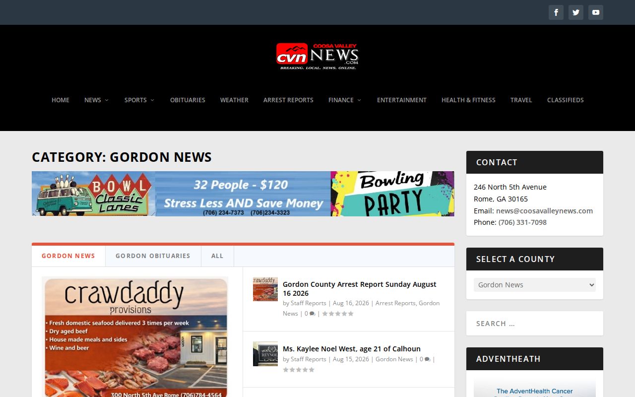 Coosa Valley News Gordon County arrest report archive screenshot