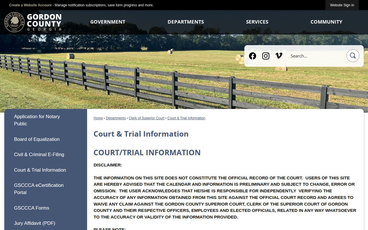 Gordon County official court calendar and disposition information