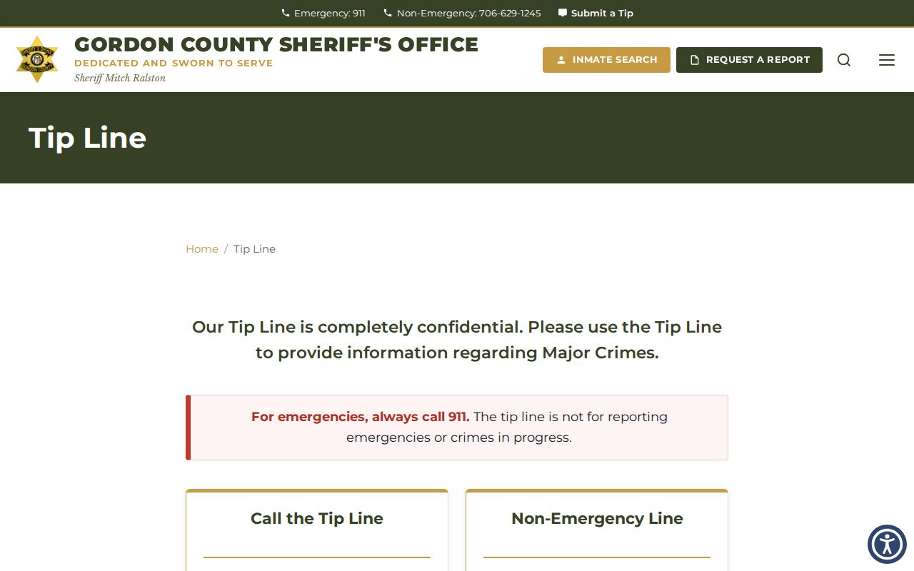 Gordon County Sheriff's Office confidential tip line page screenshot