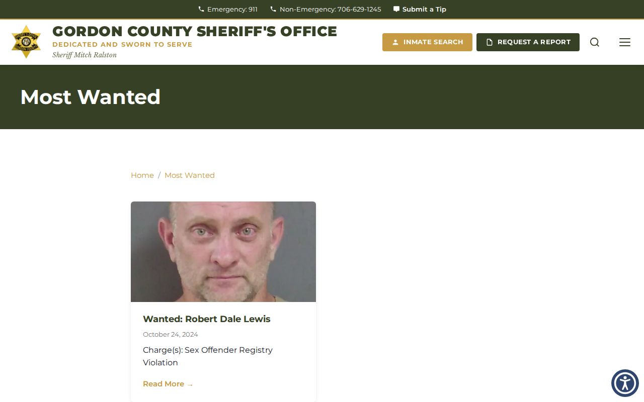 Gordon County Sheriff's Office official Most Wanted page screenshot