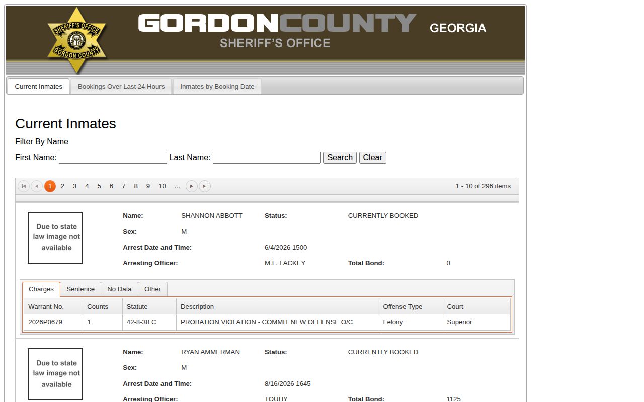 Gordon County official jail roster search with current, 24-hour, and booking-date views