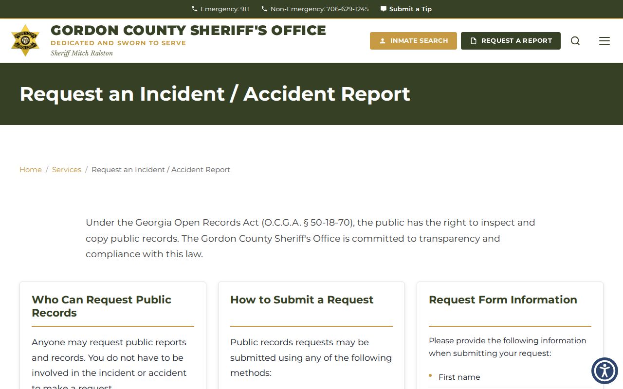 Gordon County official booking record and booking photo request process