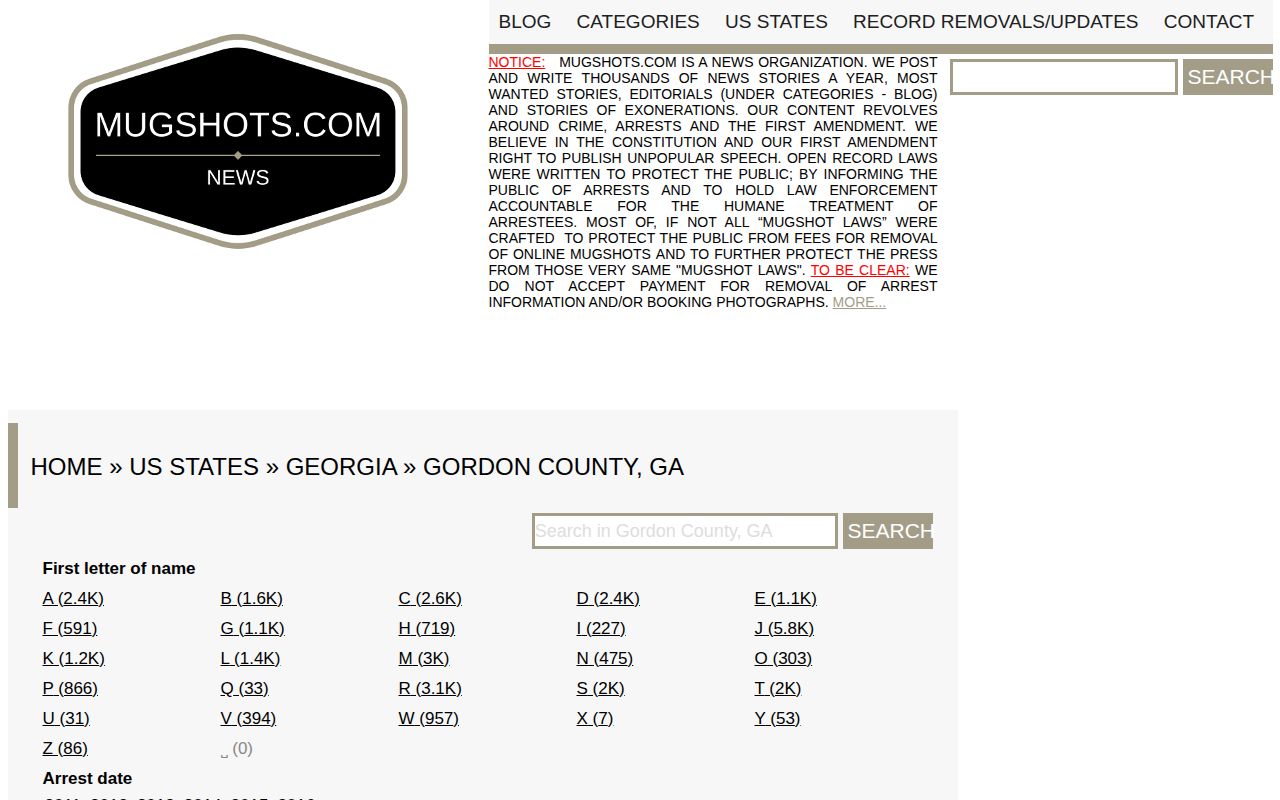 Mugshots.com Gordon County unofficial records page screenshot