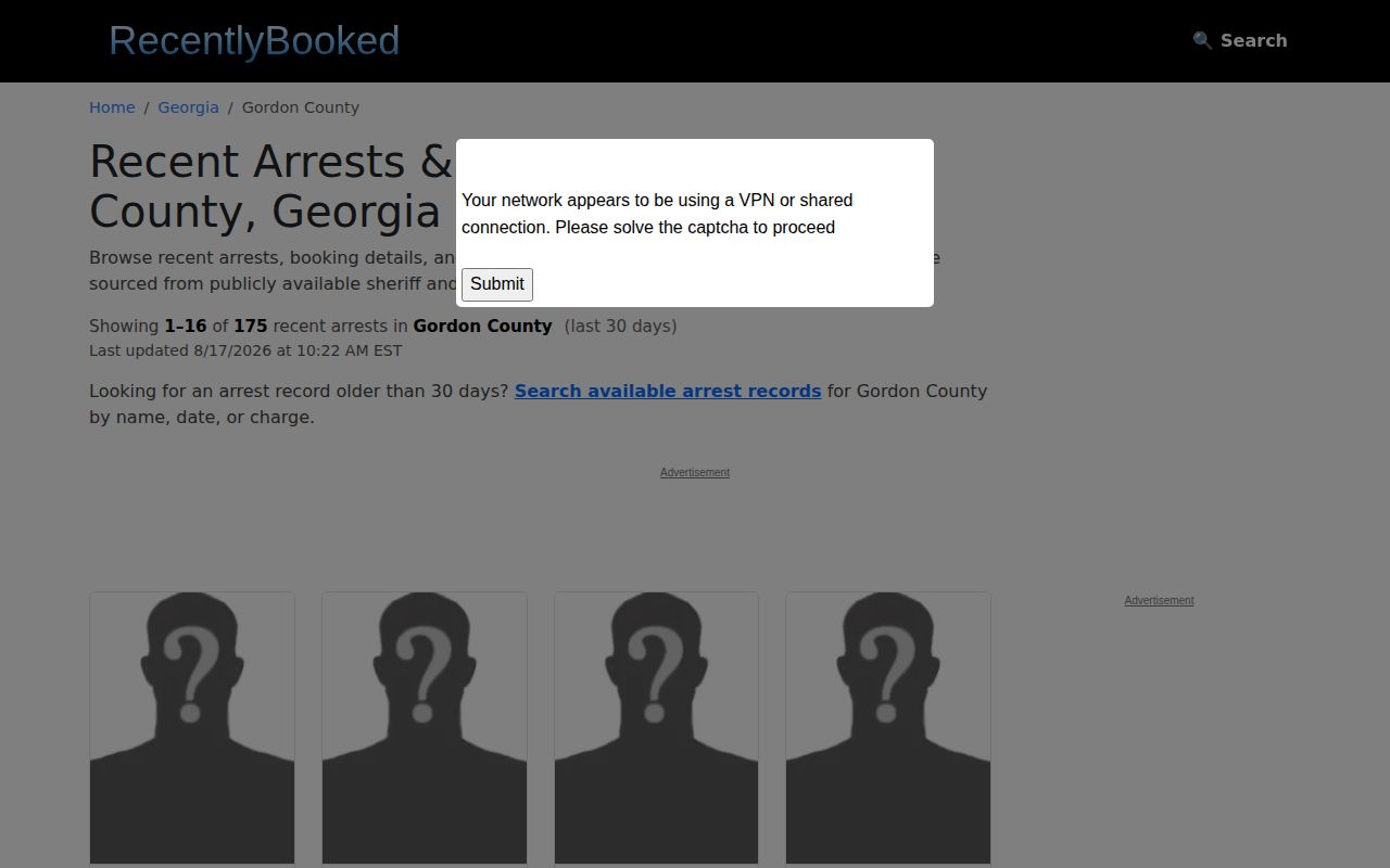 Recently Booked Gordon County unofficial source page screenshot
